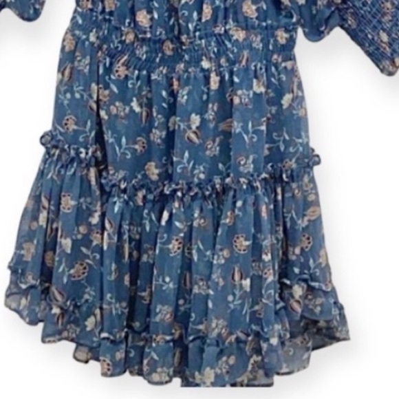 MISA Los Angeles Blue Floral Tiered Off the Shoulders Summer, Blue,Mini Dress, S - Picture 6 of 11